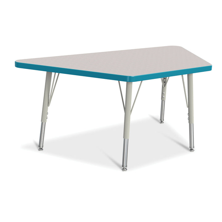 Berries® Trapezoid Activity Tables Jonti-Craft Size: 28" W x 48" D (Elementary size: 15" - 24" H) Side Finish: Freckled Gray with Teal Rainbow Accent