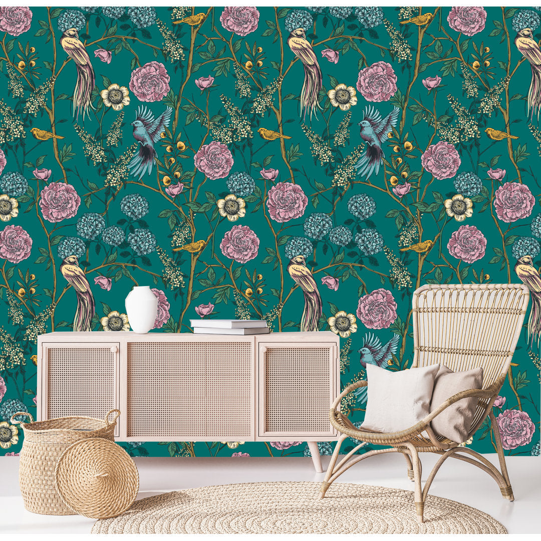 Pine and Birds 10' L x 24" W Peel and Stick Wallpaper Roll Winston Porter