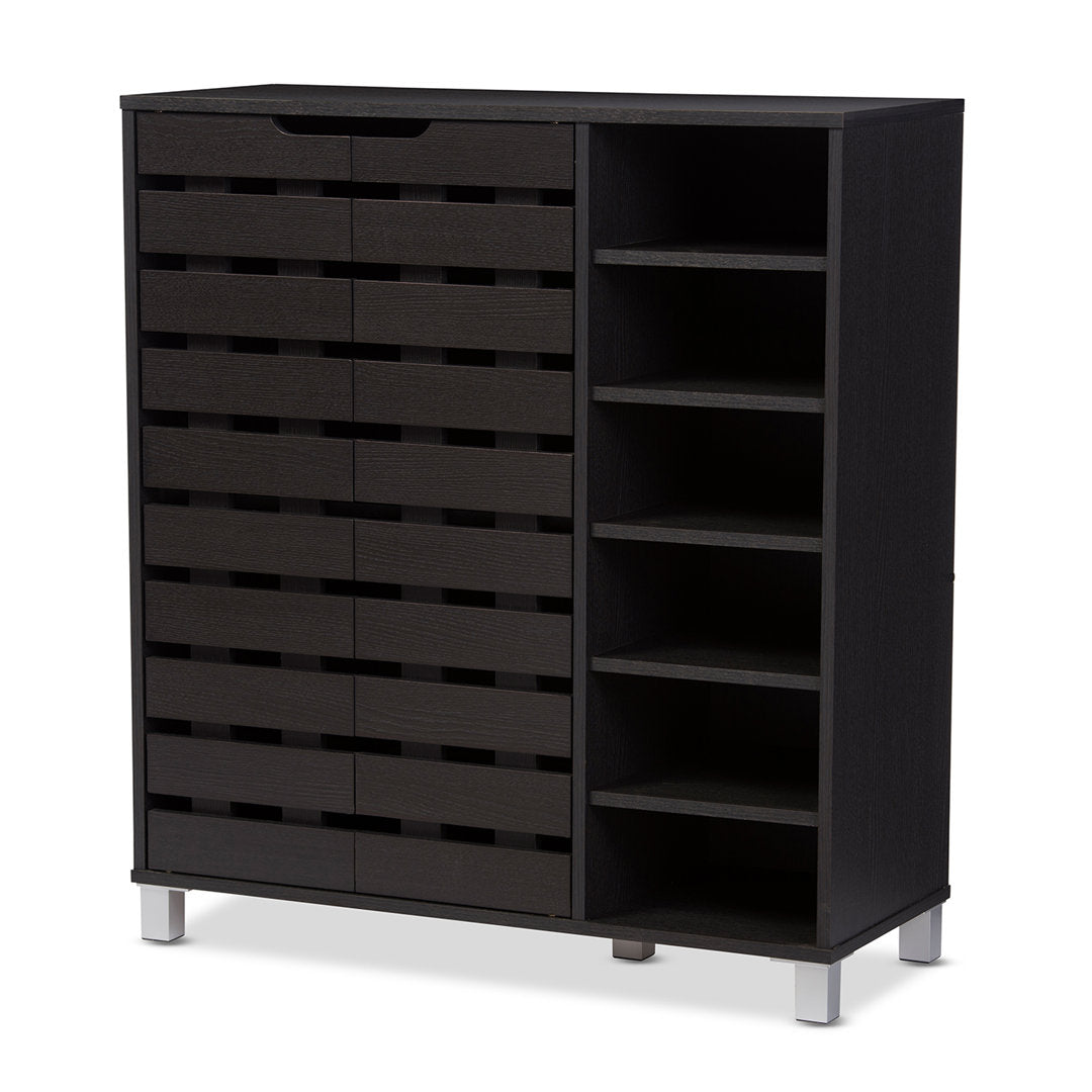 Shirley Modern and Contemporary 2 Door Wood 18 Pair Shoe Cabinet with Open Shelves Ebern Designs