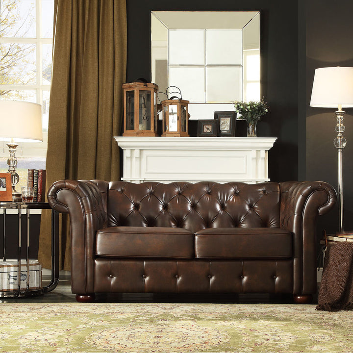 Huskins 68.4" Faux Leather Rolled Arm Chesterfield Loveseat Three Posts™