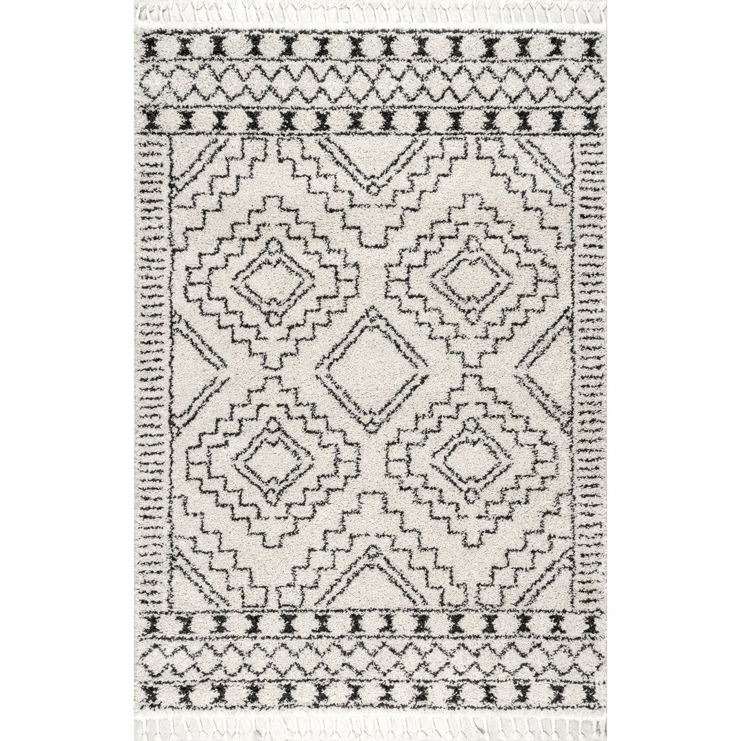 Adry Moroccan Shag Tasseled Cream/Charcoal Area Rug Union Rustic Rug Size: Rectangle 5'3" x 7'7"
