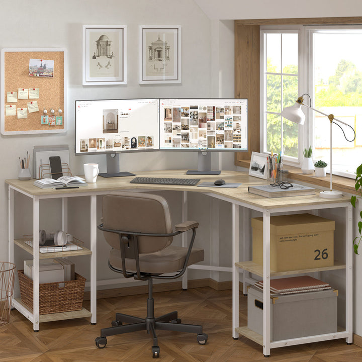 56.9" L Shaped Desk with Shelves Corner Computer Desk Large Table Inbox Zero Color (Top/Frame): Beech/White