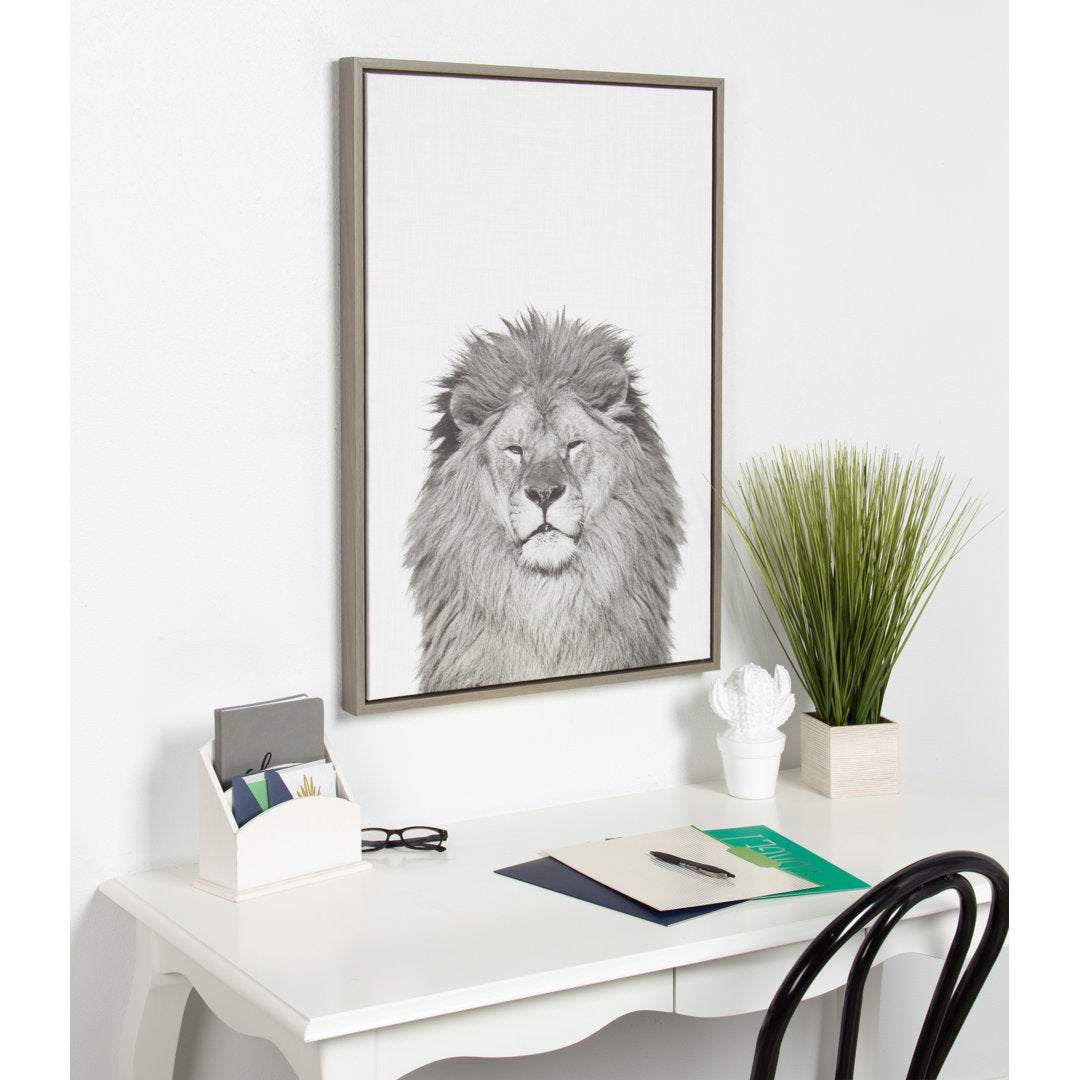 Lion Animal Print Black and White Portrait by Simon Te Tai - Photograph Print on Canvas Ivy Bronx Frame Color: Gray Framed