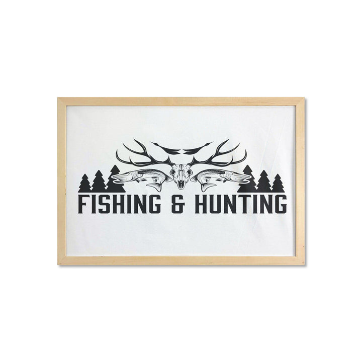 Ambesonne Hunting Wall Art With Frame, Hunting And Fishing In Vintage Emblem Design Antler Horns Mallard Pine Tree, Printed Fabric Poster For Bathroom Living Room Dorms, 35" X 23", Black And White East Urban Home
