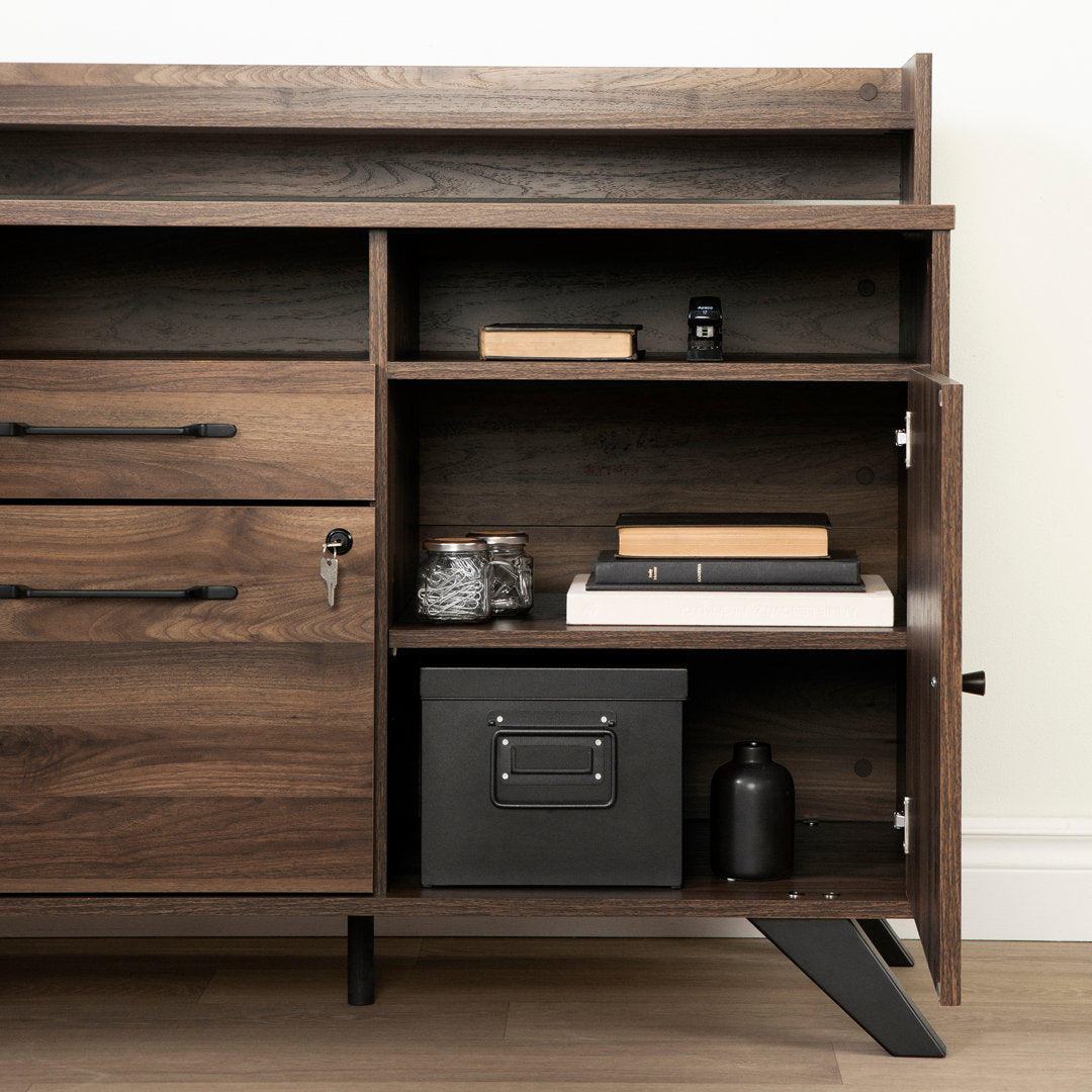 Helsy L-Shaped Desk with Power Bar and Removable Hutch Natural Walnut Mercury Row® Color: Natural Walnut
