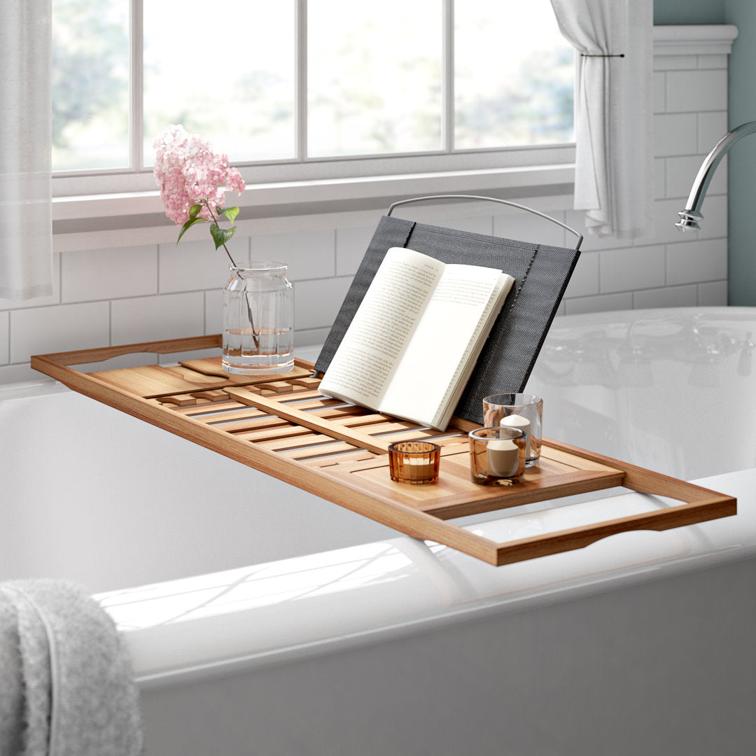 Gardner Bamboo Bathtub Tray - Wood Bath Caddy with Book, Phone, or Tablet Rest, Cup Holder, and Extended Sides for Bath Accessories by Home-Complete Rebrilliant