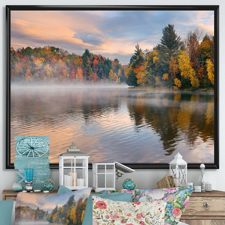 Autumn Foliage by the Lakeside - Photograph Print on Canvas The Twillery Co.® Size: 30" H x 40" W x 1.5" D Format: Black Framed Canvas