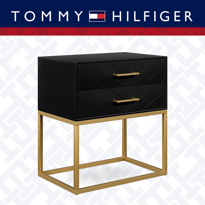 Tommy Hilfiger Ellias Modern Side Table Nightstand with 2 Drawers, Semi Gloss Black & Matte Gold Tommy Hilfiger