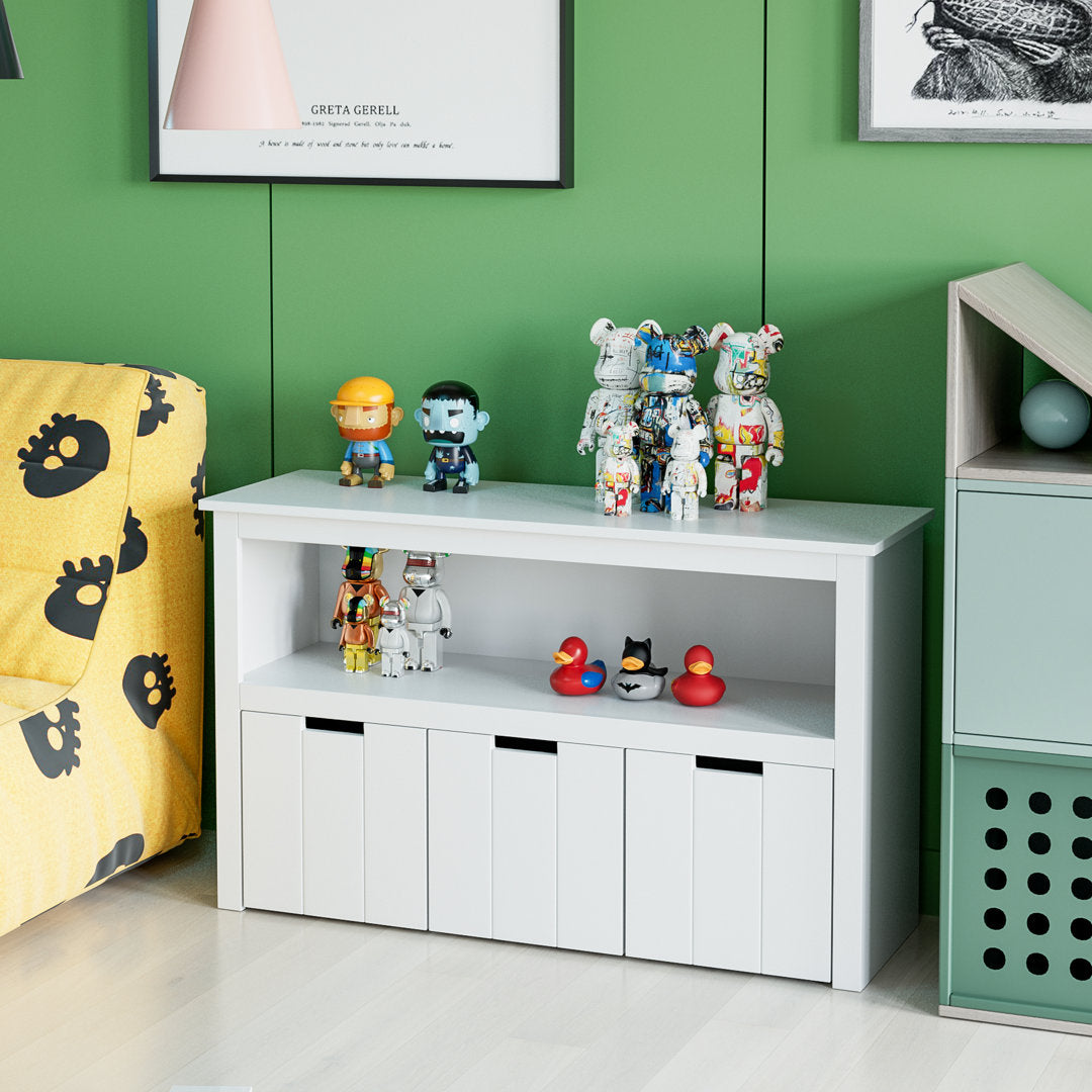 Bayze Bookcase with Removable Drawers, White Wade Logan® Wheels: Spinning Wheels