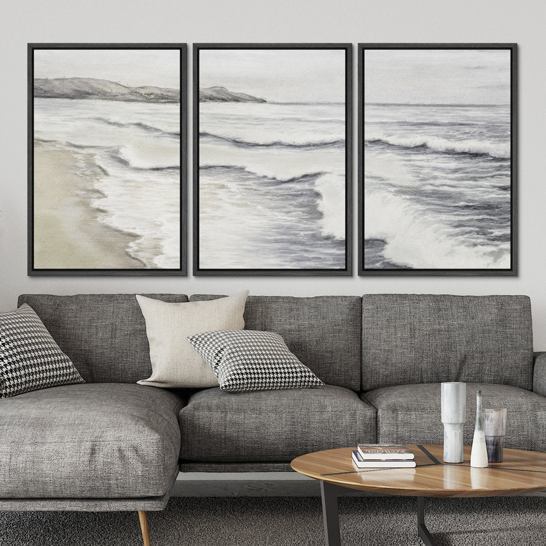 Coastal Beach Ocean Waves Muted Relax Calm Seascape Home Decor - Framed Canvas Print Wall Art Work SIGNLEADER Size: 24" H x 48" W x 1.5" D Format: Black Framed