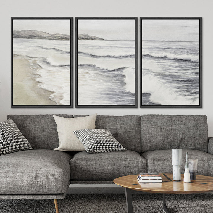 Coastal Beach Ocean Waves Muted Relax Calm Seascape Home Decor - Framed Canvas Print Wall Art Work SIGNLEADER Size: 24" H x 48" W x 1.5" D Format: Black Framed