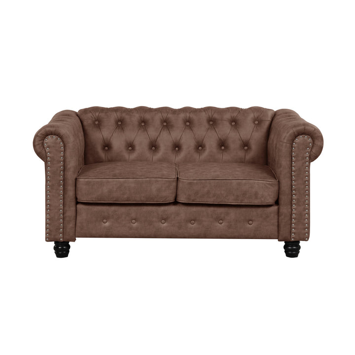 Provence 61" Rolled Arm Chesterfield Loveseat Kelly Clarkson Home Upholstery Color: Brown Leather like Fabric