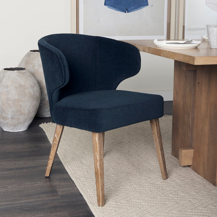 Golino Fabric Upholstered Wingback Side Chair Joss & Main Leg Color: Medium Brown, Upholstery Color: Navy