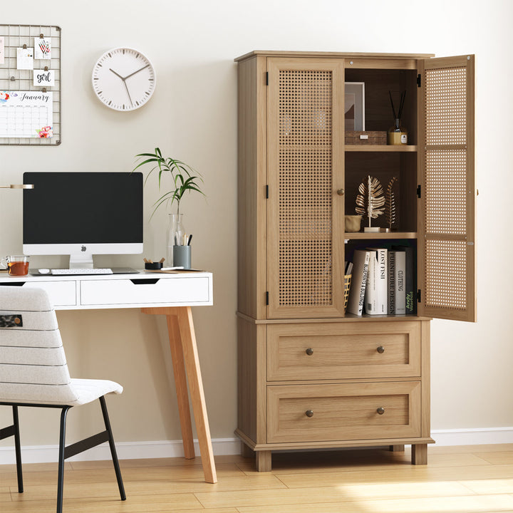 2-Door 2-Drawer Tall Locker With Faux Rattan And Faux Solid Wood Surface, 64.4"H X 28.54"W X 15"D Bay Isle Home™ Color: Brown