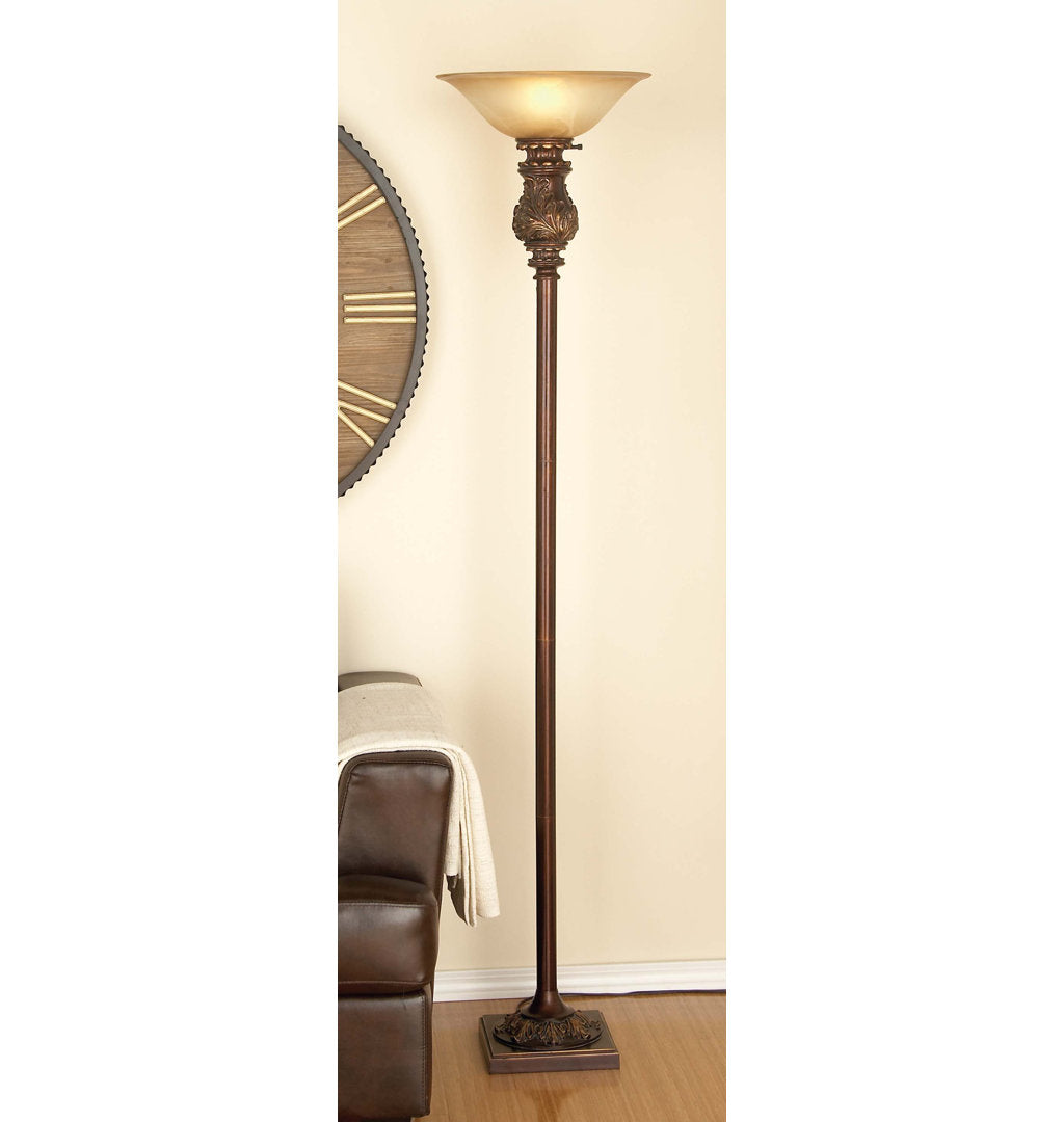 Metal Antique Style Brown Torchiere Fleur De Lis Living