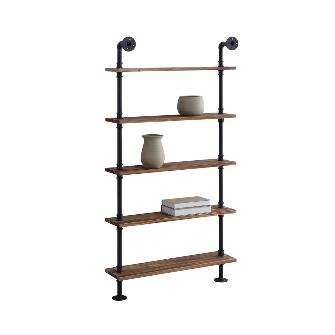 Juan 5 Tiered Shelf Industrial Pipe Shelves Williston Forge Finish: Black Pipe/Brown Shelves