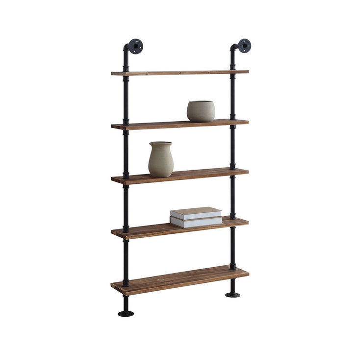 Juan 5 Tiered Shelf Industrial Pipe Shelves Williston Forge Finish: Black Pipe/Brown Shelves
