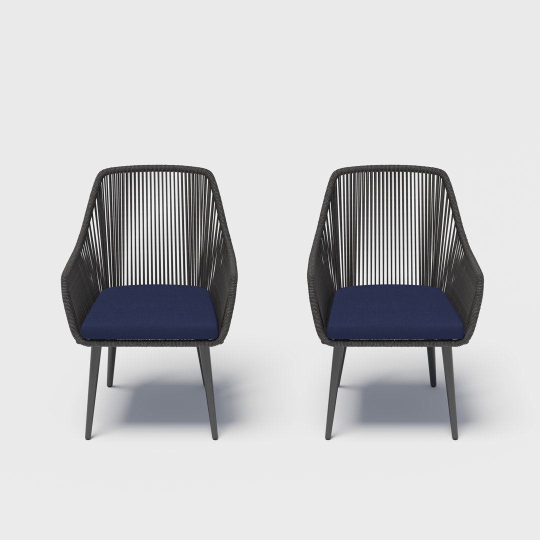 Cassil Patio Dining Armchair with Cushion (Set of 2) Wade Logan® Frame Color/Cushion Color: Black Frame/Navy Cushion