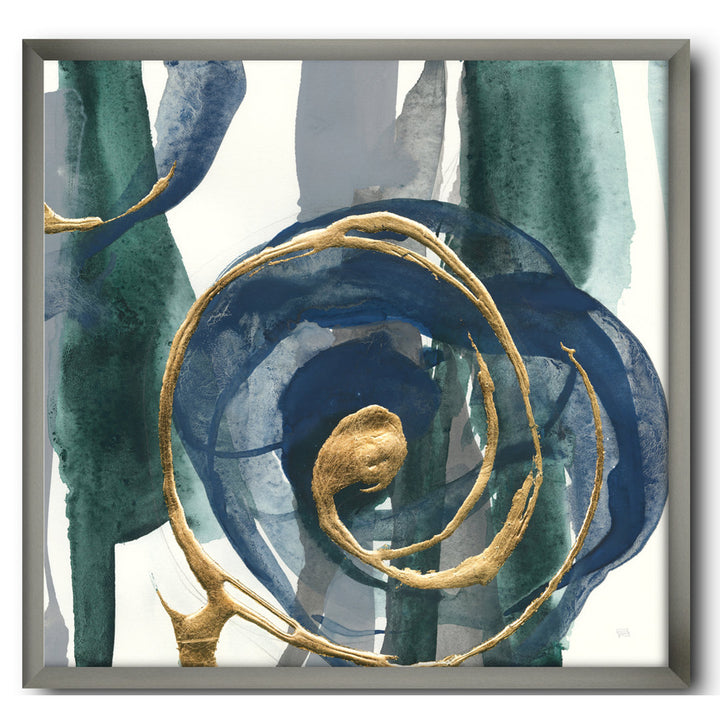 Mettalic Indigo and Gold I - Picture Frame Print on Canvas East Urban Home Size: 46" H x 46" W x 1.5" D Format: Silver Framed