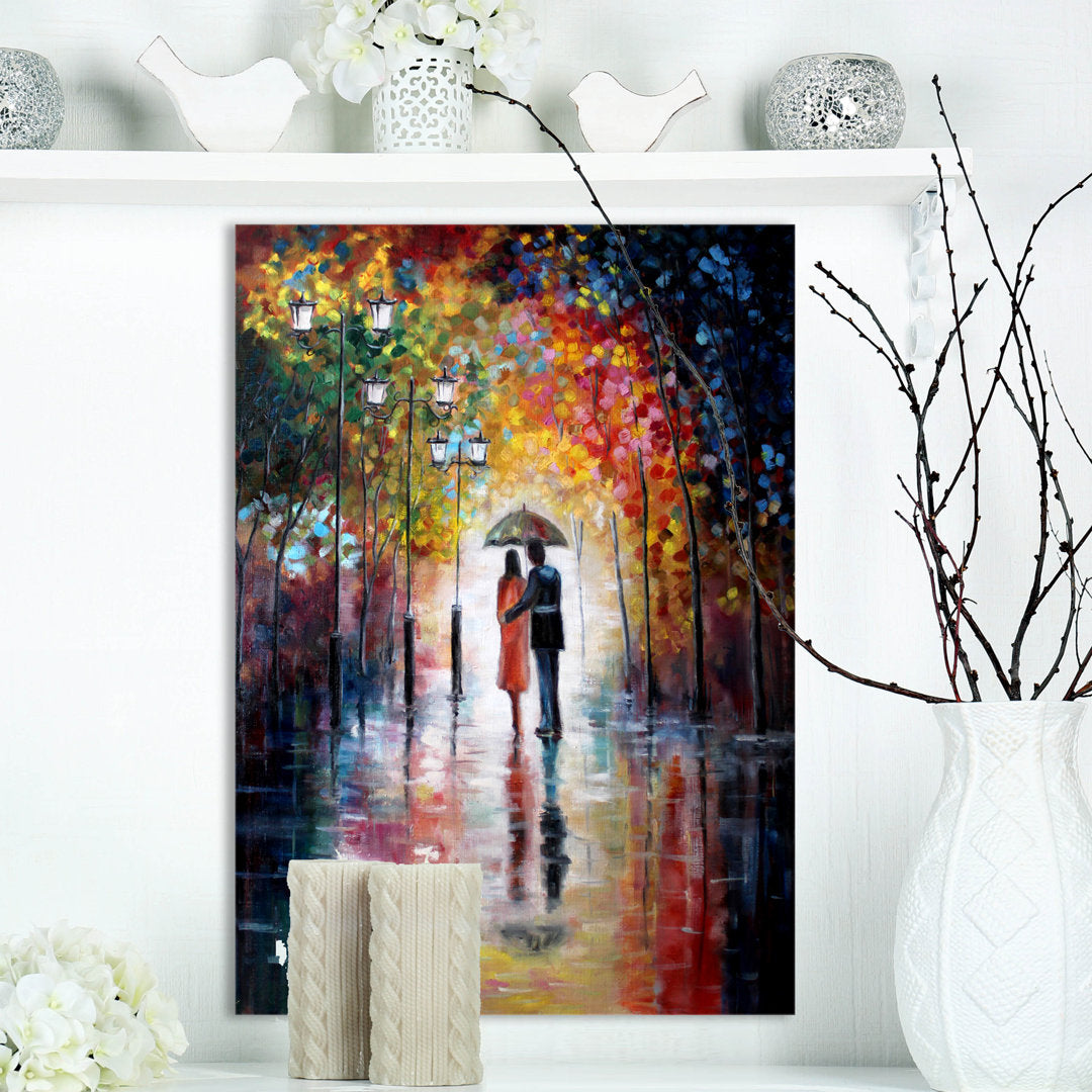 Lovers Under Umbrella - Graphic Art Print on Canvas East Urban Home Size: 20" H x 12" W x 1" D