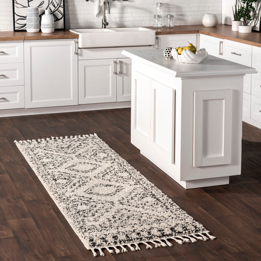 Adry Moroccan Shag Tasseled Cream/Charcoal Area Rug Union Rustic Rug Size: Runner 2'6" x 14'