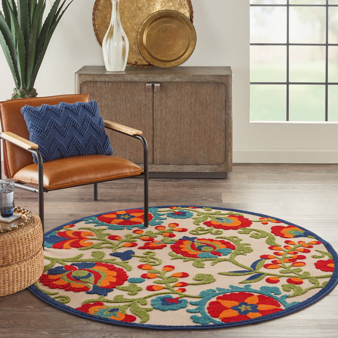 Bernia Floral Ivory/Red/Green Area Rug Wade Logan® Rug Size: Round 5'3"