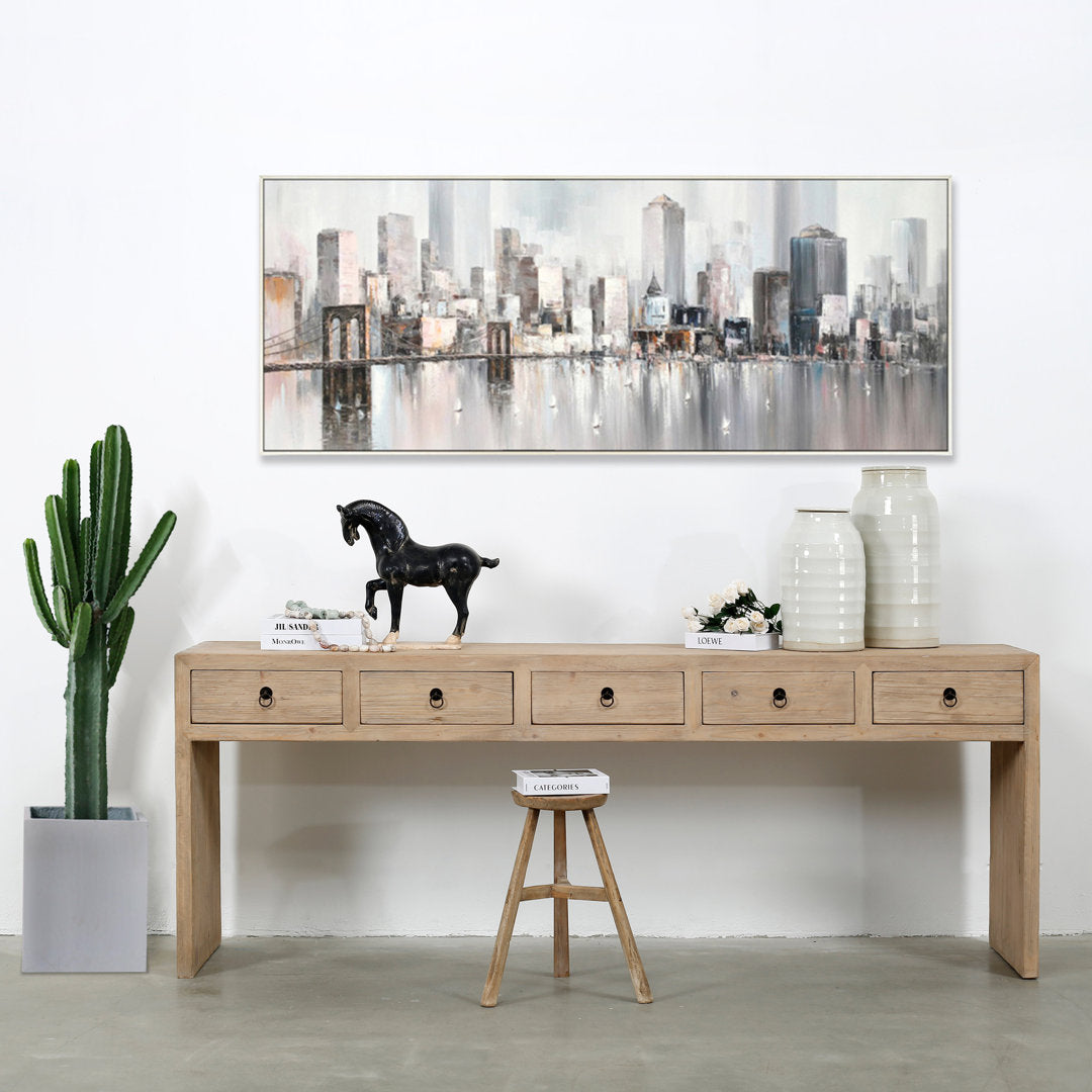 Lily's Living 98"l Weathered Natural Wood Indoor Waterfall Console Table W/Five Drawers, Home Office Furniture Lily's Living