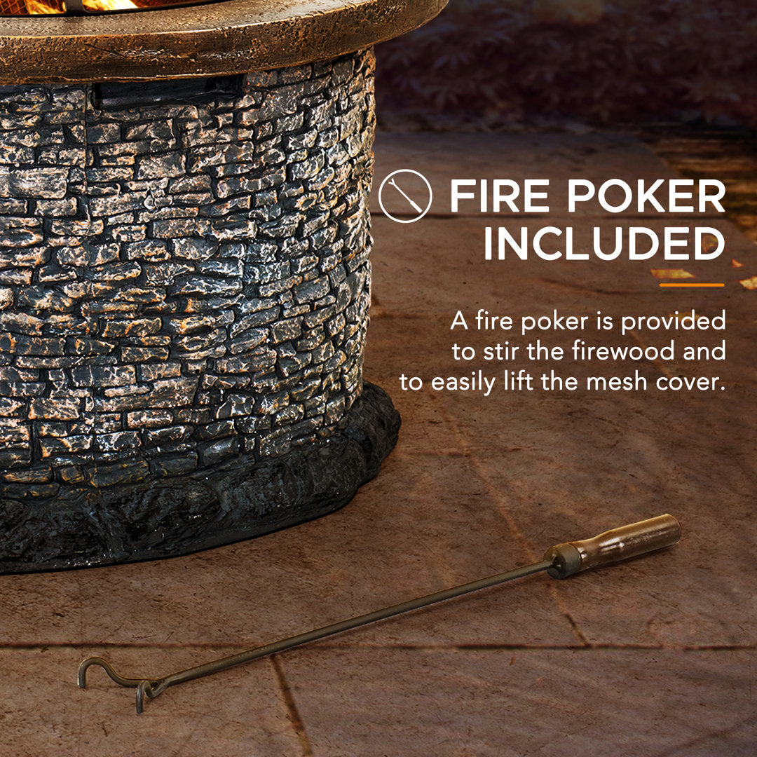 Nolia 32 inch Fire Pit for Outside, Outdoor Stone Wood Burning Fire Pit with Steel Mesh Spark Screen and Fire Poker, Large Bonfire for Patio and Backyard Williston Forge