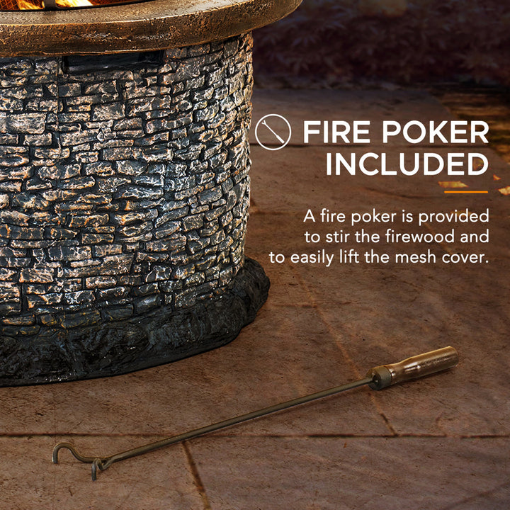 Nolia 32 inch Fire Pit for Outside, Outdoor Stone Wood Burning Fire Pit with Steel Mesh Spark Screen and Fire Poker, Large Bonfire for Patio and Backyard Williston Forge
