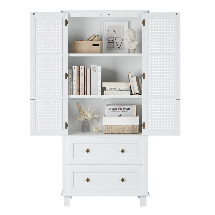 2-Door 2-Drawer Tall Locker With Faux Rattan And Faux Solid Wood Surface, 64.4"H X 28.54"W X 15"D Bay Isle Home™ Color: White