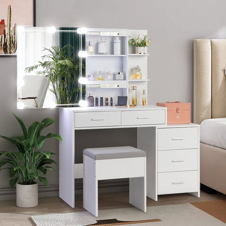 Calletano 44.3"Wide Makeup Vanity Set with Mirror Cabinet, Stool,5 Drawers Wade Logan® Color: White