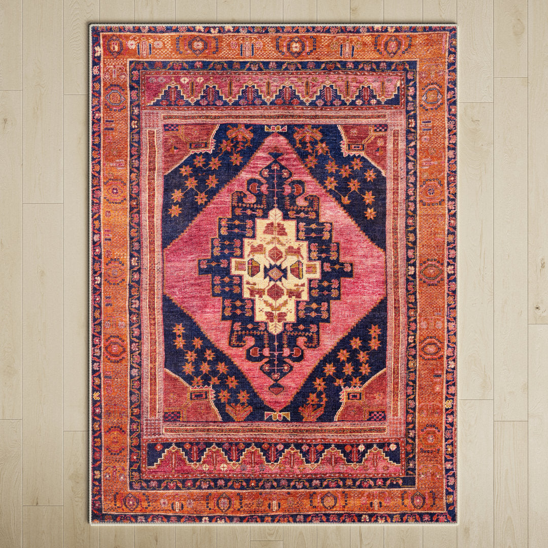 Westlake Machine Washable Oriental Dark Blue/Rose Area Rug Birch Lane™ Rug Size: Rectangle 5'3" x 7'3"