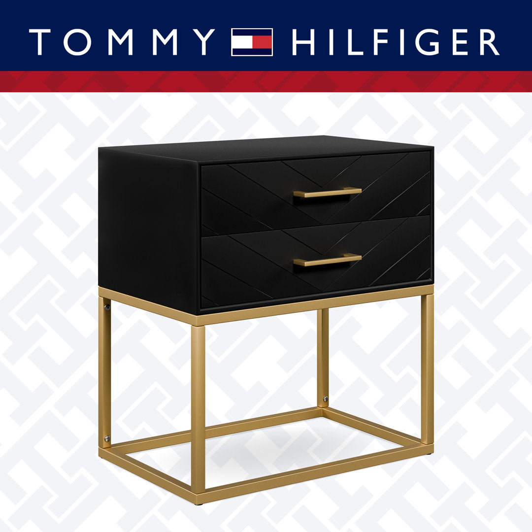 Tommy Hilfiger Ellias Modern Side Table Nightstand with 2 Drawers, Semi Gloss Black & Matte Gold Tommy Hilfiger