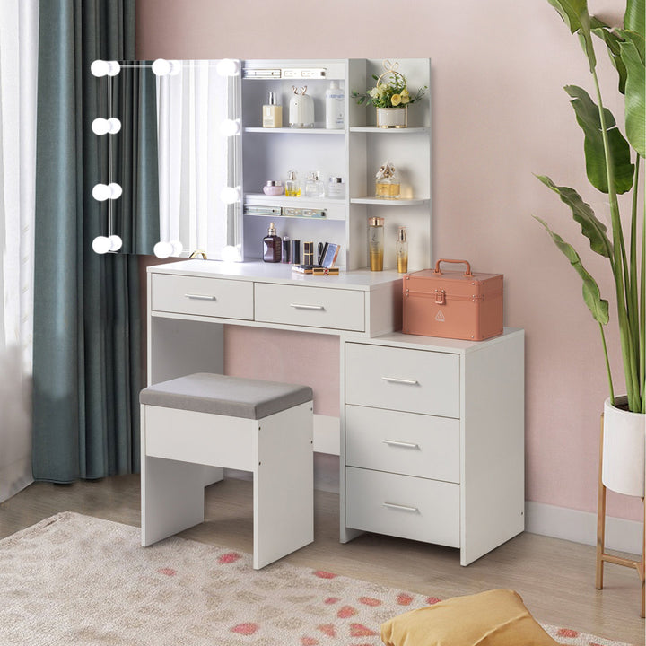Calletano 44.3"Wide Makeup Vanity Set with Mirror Cabinet, Stool,5 Drawers Wade Logan® Color: White