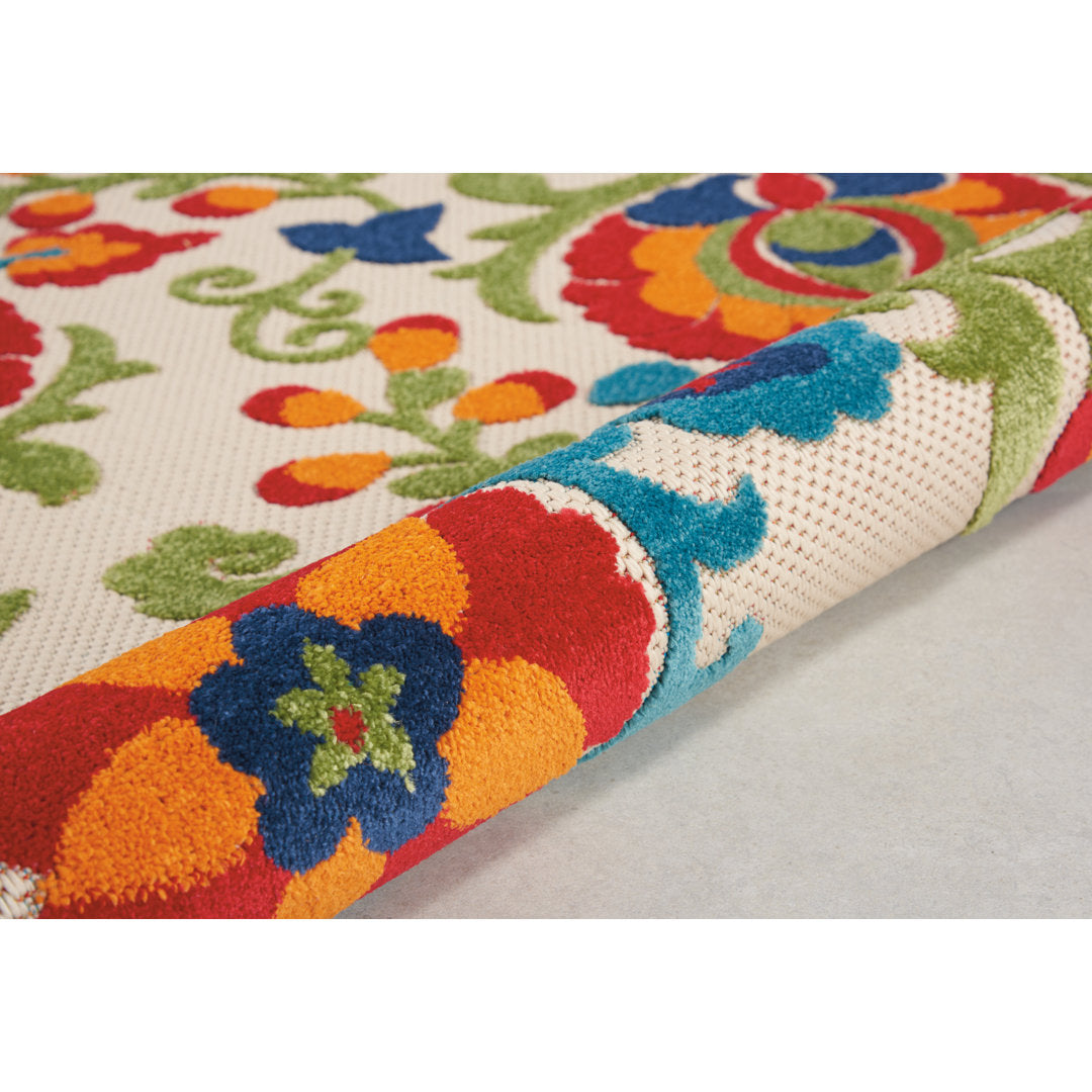 Bernia Floral Ivory/Red/Green Area Rug Wade Logan® Rug Size: Round 5'3"