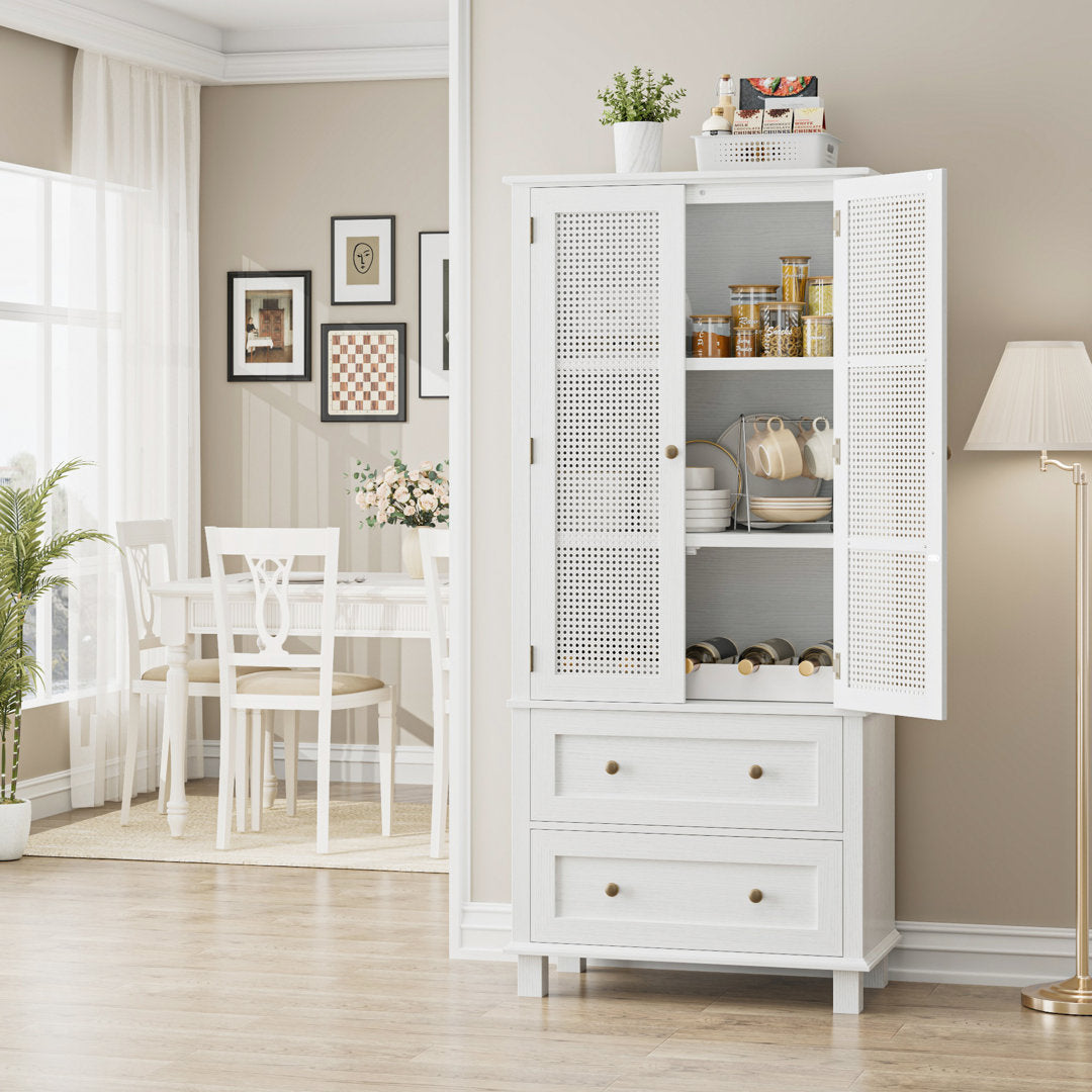 2-Door 2-Drawer Tall Locker With Faux Rattan And Faux Solid Wood Surface, 64.4"H X 28.54"W X 15"D Bay Isle Home™ Color: White