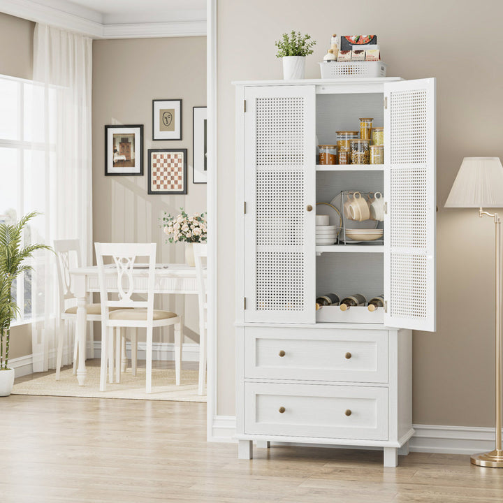 2-Door 2-Drawer Tall Locker With Faux Rattan And Faux Solid Wood Surface, 64.4"H X 28.54"W X 15"D Bay Isle Home™ Color: White