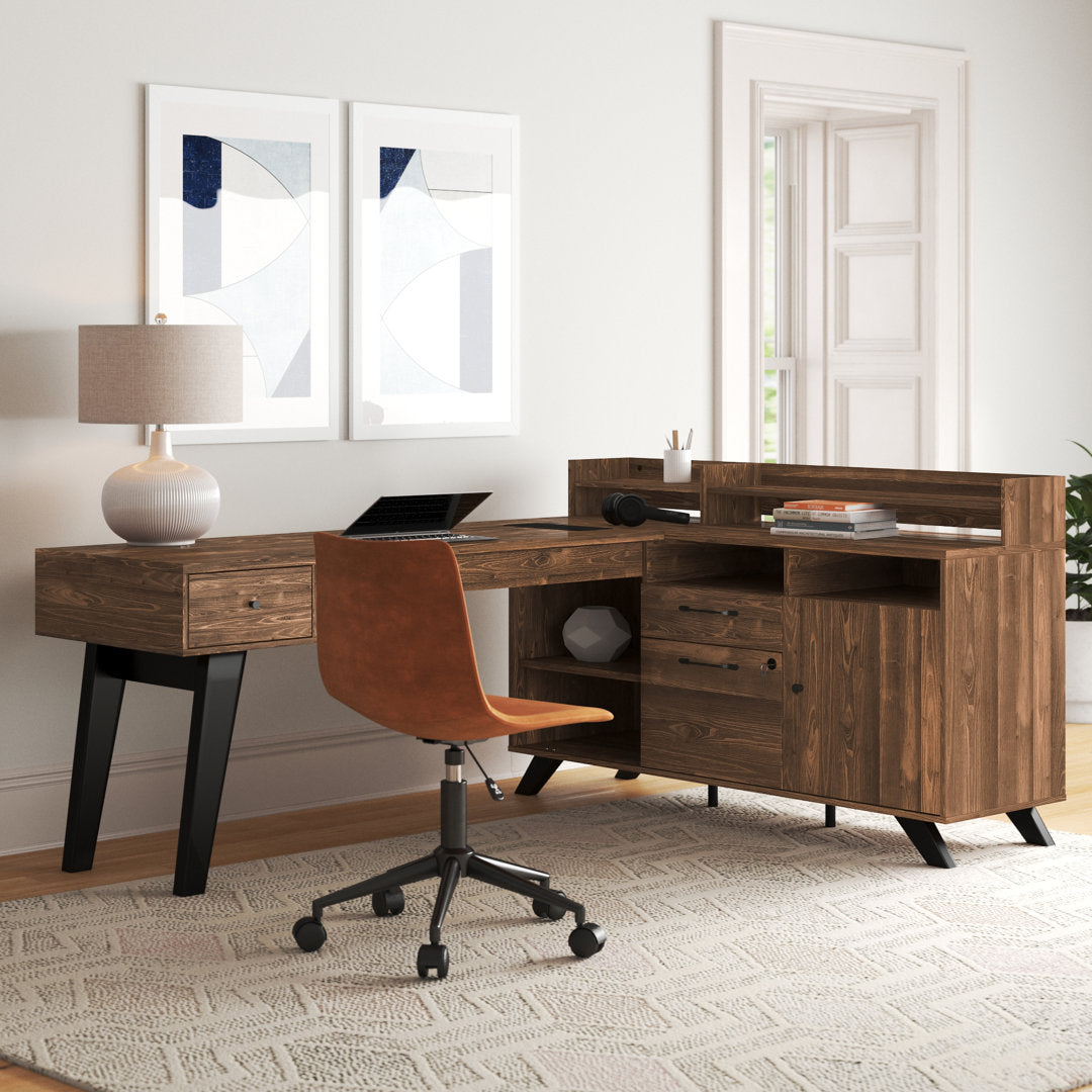 Helsy L-Shaped Desk with Power Bar and Removable Hutch Natural Walnut Mercury Row® Color: Natural Walnut