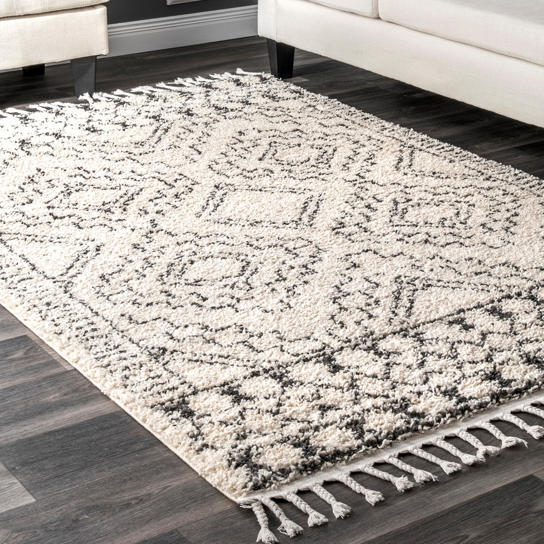 Adry Moroccan Shag Tasseled Cream/Charcoal Area Rug Union Rustic Rug Size: Rectangle 7'10" x 10'