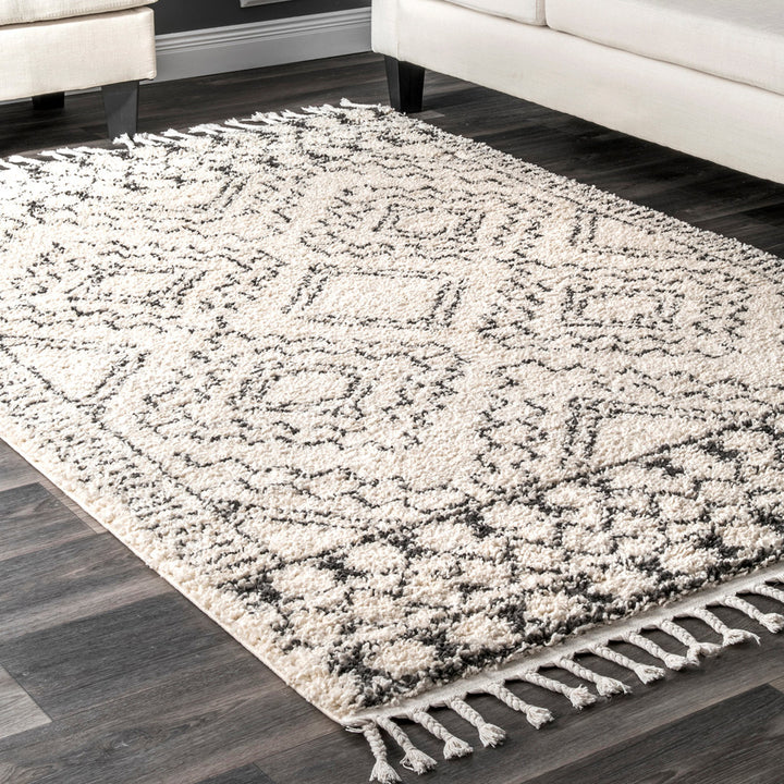 Adry Moroccan Shag Tasseled Cream/Charcoal Area Rug Union Rustic Rug Size: Rectangle 7'10" x 10'
