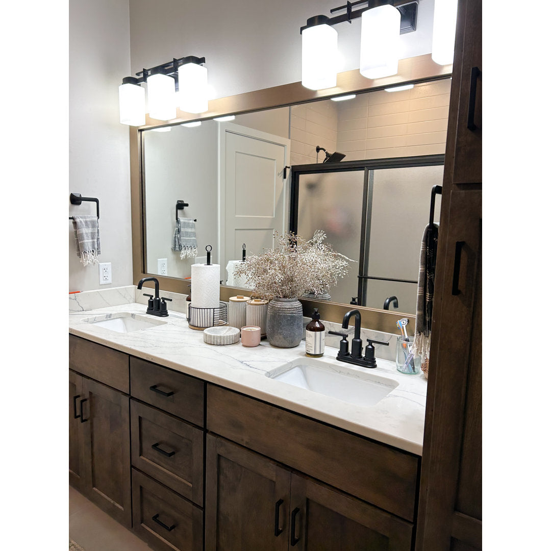 Shmuel Wood Framed with Safety Backing Ideal for Bathroom / Vanity Mirror Wade Logan® Size: 30" x 36" Finish: Champagne Bronze