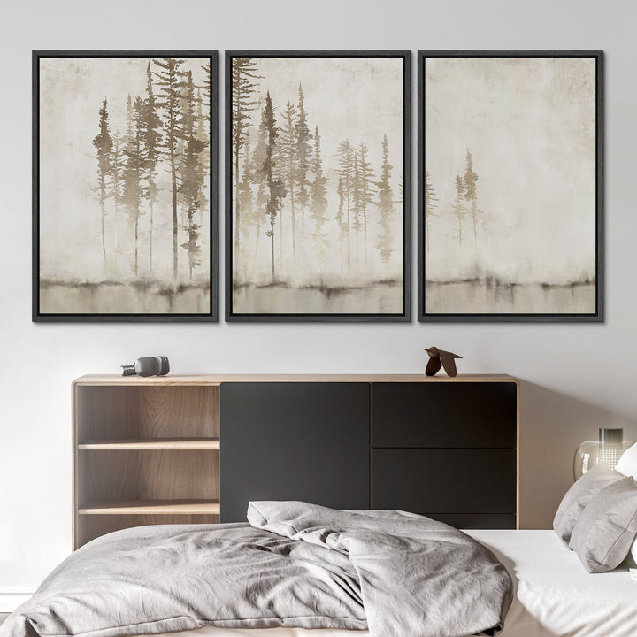 Pastel Abstract Tree Subtle Neutral Modern Rustic Home Decor - Framed Canvas Print Wall Art Work SIGNLEADER Size: 24" H x 48" W Format: Black Framed