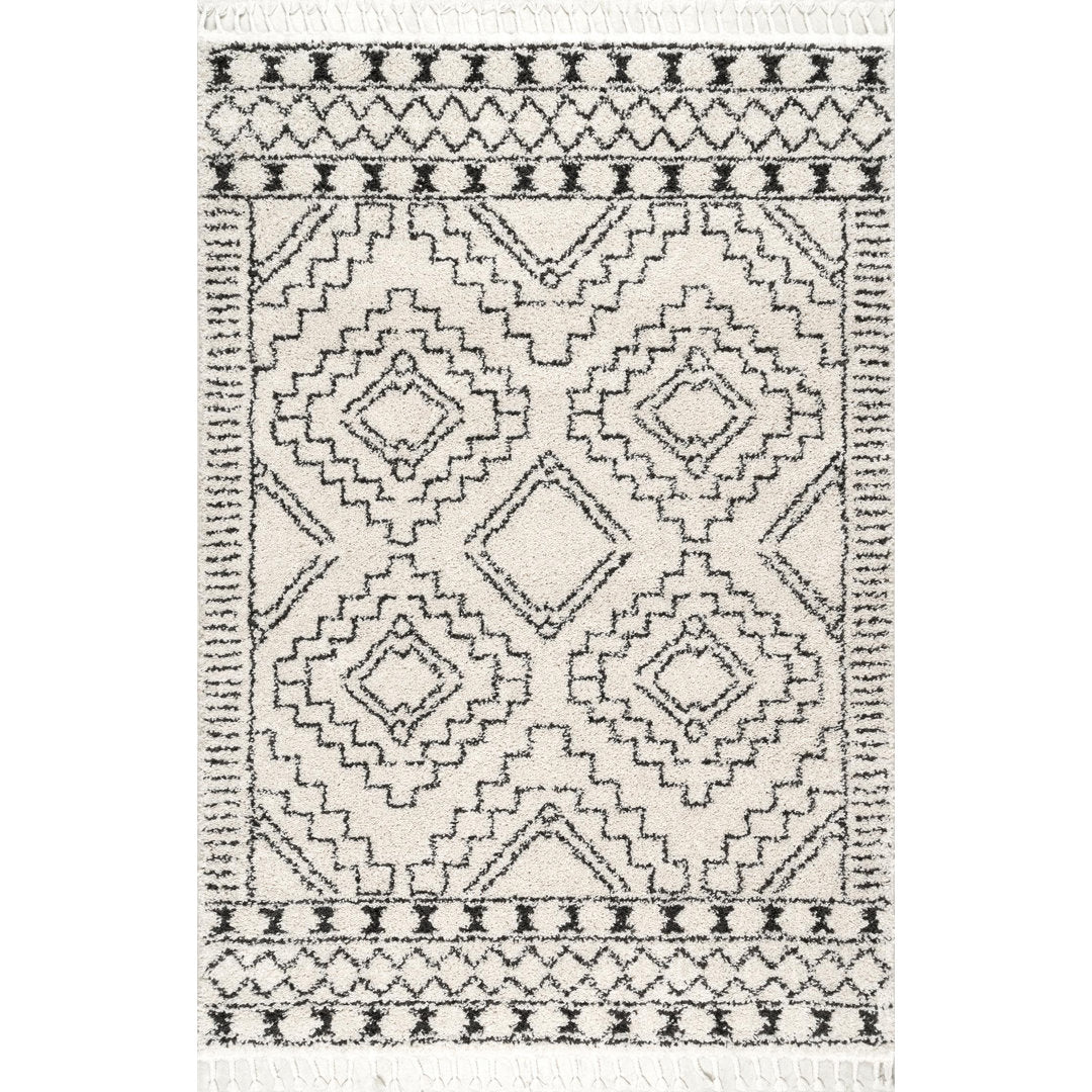 Adry Moroccan Shag Tasseled Cream/Charcoal Area Rug Union Rustic Rug Size: Rectangle 7'10" x 10'