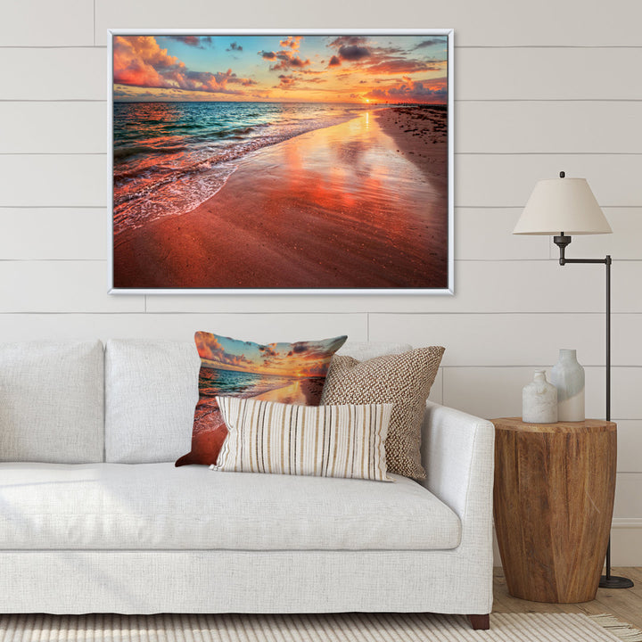 Sunset over an Ocean Beach Shore II - Photograph on Canvas East Urban Home Size: 24" H x 32" W x 1" D Format: White Floater Framed