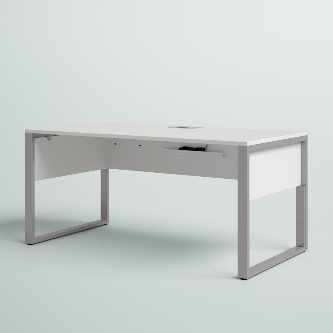 Maysey Desk with Built in Outlets Inbox Zero Color (Top/Frame): White/Silver Size: 28.7" H x 63" W x 32" D