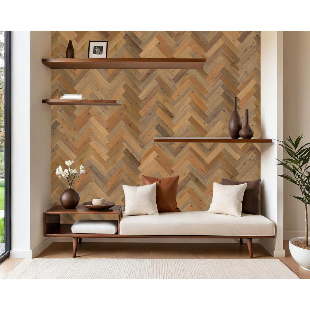 Timberchic River Reclaimed Wooden Wall planks - Simple Peel & Stick Wall Covering Application for DIY Accent Wall & Home Improvement - Premium Wall Paneling - Herringbone Pattern Timber Chic Color: Sandy Beach