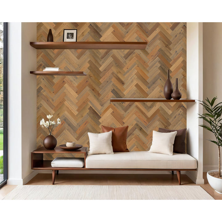 Timberchic River Reclaimed Wooden Wall planks - Simple Peel & Stick Wall Covering Application for DIY Accent Wall & Home Improvement - Premium Wall Paneling - Herringbone Pattern Timber Chic Color: Sandy Beach