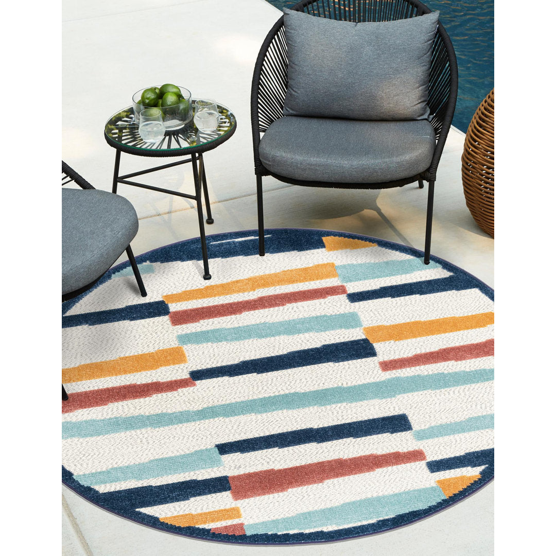 Berberia Striped Indoor / Outdoor Area Rug in Blue/Orange/Red Beachcrest Home™ Rug Size: Round 3'3"