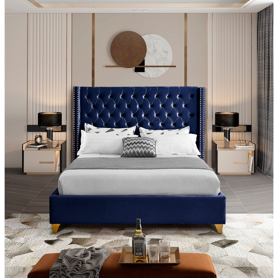 Joclynn Solid Wood Tufted Upholstered Low Profile Platform Bed Everly Quinn Color: Navy Velvet Size: Full Nailhead Finish: Gold