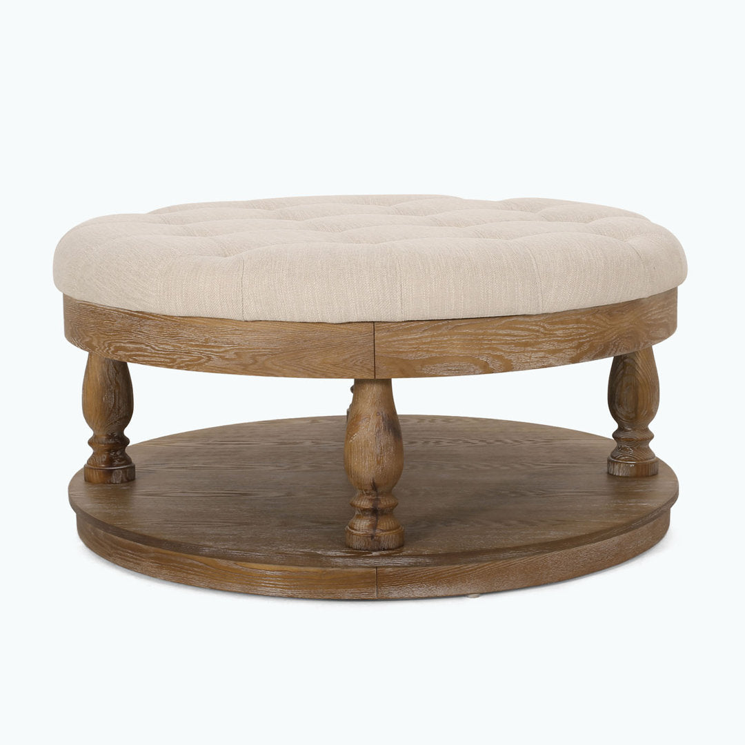 Tawney 40" Wide Tufted Round Cocktail Ottoman with Storage Rosalind Wheeler Leg Color: Weathered Body Fabric: Beige Fabric